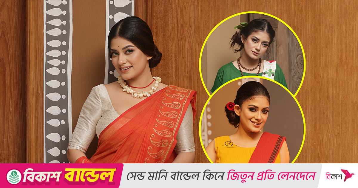 পূজার সাজে অভিনেত্রী মন্দিরা চক্রবর্তী, দেখুন ৮টি ছবি